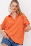 Merterium Kadın Turuncu Oversize Polo Yaka Örme Bluz 0486
