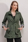 10322 Beli Büzgülü Trençkot - Zümrüt Yeşili
