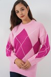15895 Baklava Desenli Oversize Triko Kazak - D.Pembe