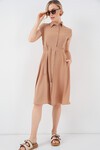 1677 Boydan Düğmeli Kuşaklı Elbise - Bisküvi