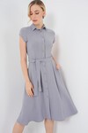 1677 Boydan Düğmeli Kuşaklı Elbise - Gri