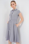 1677 Boydan Düğmeli Kuşaklı Elbise - Gri