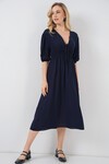 2570 Kadın Beli Büzgülü V Yaka Elbise - Lacivert