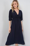 2570 Kadın Beli Büzgülü V Yaka Elbise - Lacivert