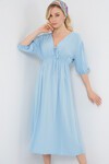 2570 Kadın Beli Büzgülü V Yaka Elbise - Mavi