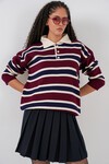 Kadın Çizgili Polo Yaka Triko Kazak 15952 - Bordo