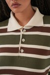 Kadın Çizgili Polo Yaka Triko Kazak 15952 - Haki