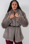 Kadın Kemerli Oversize Kürklü Kaban 9156 - Füme