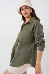 Kadın Tek Cepli Oversize Müslin Gömlek 20353 - Haki