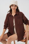 Kadın Tek Cepli Oversize Müslin Gömlek 20353 - Kahverengi