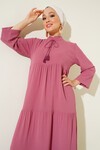 T1627 Yaka Bağcıklı Elbise - A. Pembe