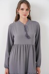 T1627 Yaka Bağcıklı Elbise - Gri