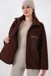 55446 Fermuarlı Oversize Peluş Ceket Mont - Kahverengi