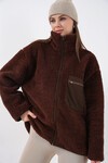 55446 Fermuarlı Oversize Peluş Ceket Mont - Kahverengi