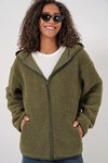 55456 Kadın Kapüşonlu Oversize Peluş Ceket - Haki
