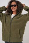 55456 Kadın Kapüşonlu Oversize Peluş Ceket - Haki