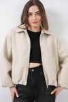 Kadın Büzgülü Oversize Kaşe Ceket 0728 - Ekru
