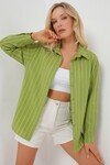 Kadın Çizgili Oversize Gömlek 20293 - E.Yeşil