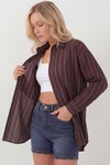 Kadın Çizgili Oversize Gömlek 20293 - Kahverengi