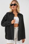 Kadın Çizgili Oversize Gömlek 20293 - Siyah
