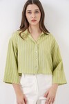 Kadın Çizgili Oversize Kısa Gömlek 20326 - E.Yeşil