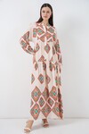 Kadın Desenli Uzun Tesettür Elbise 2585 - Bej