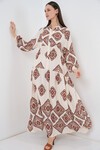 Kadın Desenli Uzun Tesettür Elbise 2585 - Ekru Kahve
