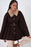 Kadın Kemerli Kaşe Panço 9165 - Kahverengi