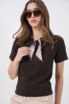 Kadın Kısa Kol Fularlı Örme Bluz 981 - Kahverengi
