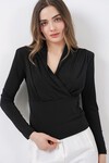 Kadın Omuz Vatkalı Kruvaze Yaka Bluz 942 - Siyah