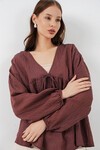 Kadın Önü Bağcıklı Uzun Kol Bluz 946 - Kahverengi