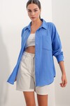 20153 Tek Cepli Oversize Keten Gömlek - Saks
