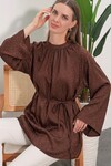 Kadın Çizgili Bağcıklı Oversize Tunik 50009 - Kahverengi