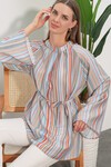 Kadın Çizgili Bağcıklı Oversize Tunik 50009 - Mavi