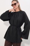 Kadın Çizgili Bağcıklı Oversize Tunik 50009 - Siyah
