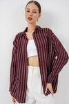 Kadın Çizgili Oversize Gömlek 20293 - Bordo