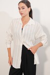 Kadın Çizgili Oversize Gömlek 20408 - Beyaz