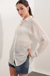 Kadın Çizgili Oversize Gömlek 20409 - Beyaz