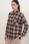 Kadın Ekose Desen Oversize Oduncu Gömlek 3854 Vizon