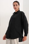 Kadın Pul Detaylı Çizgili Oversize Gömlek 20411 - Siyah
