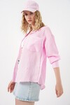 Kadın Tek Cepli Çizgili Oversize Gömlek 20375 - Pembe
