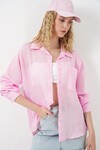 Kadın Tek Cepli Çizgili Oversize Gömlek 20375 - Pembe